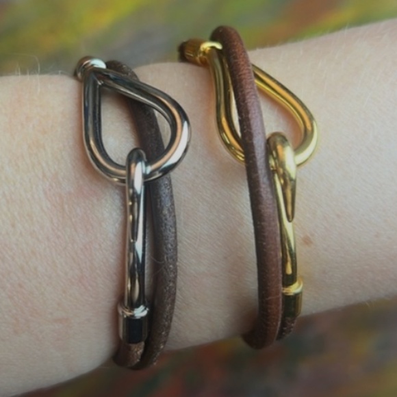 Hermès Jumbo Double Wrap Bangle Bracelet Gold-tone Hardware & Brown Leather &Box - Picture 9 of 16